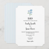 Blue Hydrangea Flower Wedding Monogram Blue Stripe 招待状 (正面/裏面)