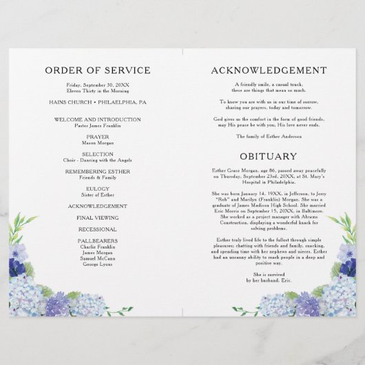 Blue Hydrangea Folded Funeral Program Template チラシ (裏面)
