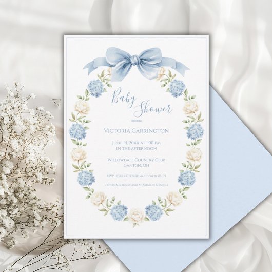 Blue Hydrangea Frame Elegant Bow Baby Shower  招待状