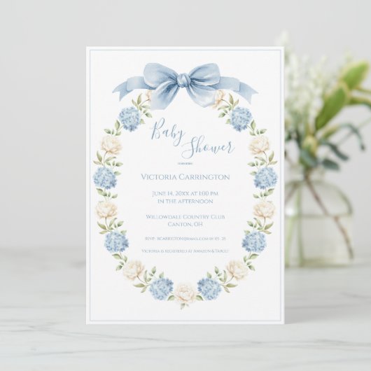 Blue Hydrangea Frame Elegant Bow Baby Shower  招待状 (スタンド正面)