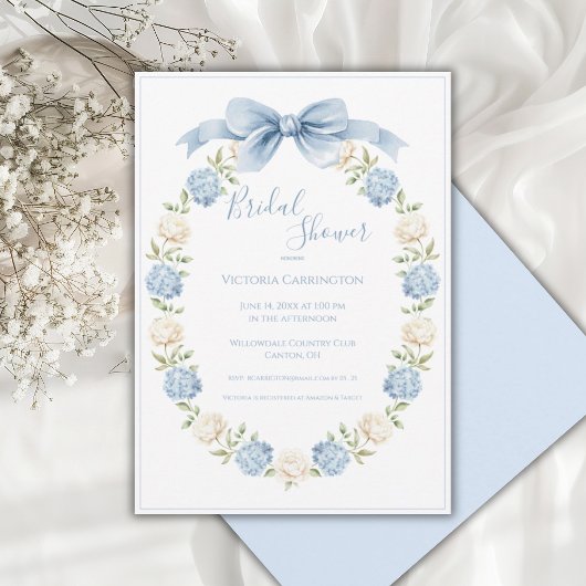 Blue Hydrangea Frame Elegant Bow Bridal Shower  招待状