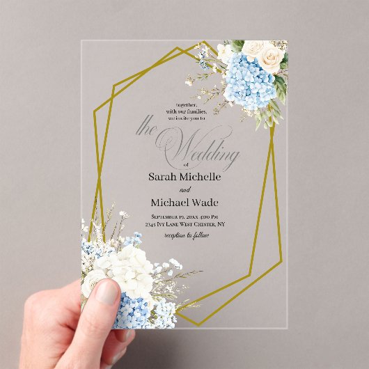 Blue Hydrangea Geometric Wedding アクリル招待状 (インサイチュ (ポータブル))