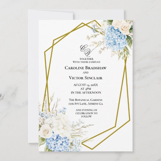 Blue Hydrangea Geometric Wedding Invitation 招待状 (正面)
