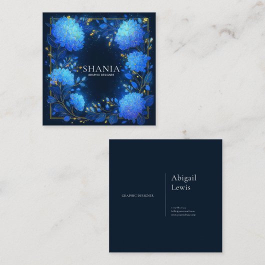 Blue Hydrangea Gold Celestial Frame Midnight スクエア名刺 (正面/裏面)