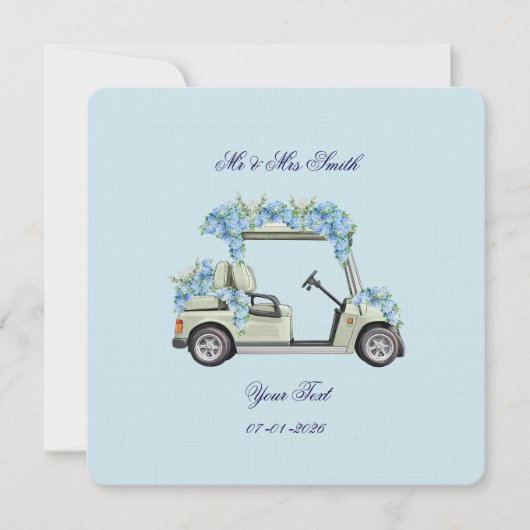 Blue Hydrangea Golf Cart Floral Wedding Invitation 招待状 (正面)