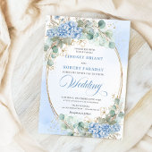 Blue Hydrangea Greenery Gold Oval Wedding Invite 招待状