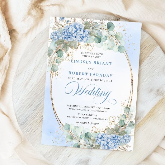 Blue Hydrangea Greenery Gold Oval Wedding Invite 招待状