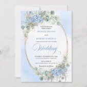 Blue Hydrangea Greenery Gold Oval Wedding Invite 招待状 (正面)