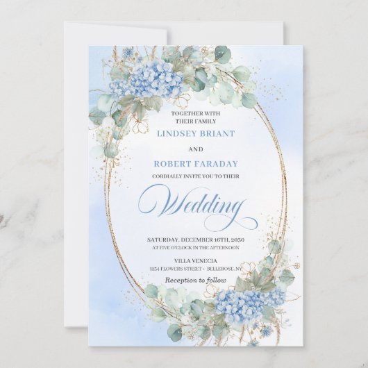 Blue Hydrangea Greenery Gold Oval Wedding Invite 招待状 (正面)