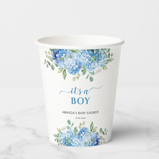 Blue Hydrangea It's a Boy Baby Shower 紙コップ (裏面)