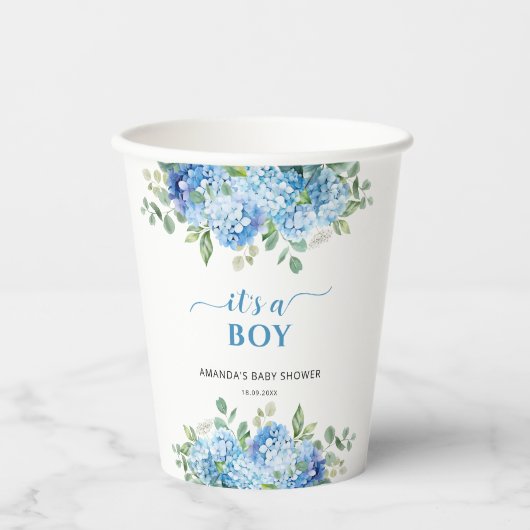 Blue Hydrangea It's a Boy Baby Shower 紙コップ (正面)