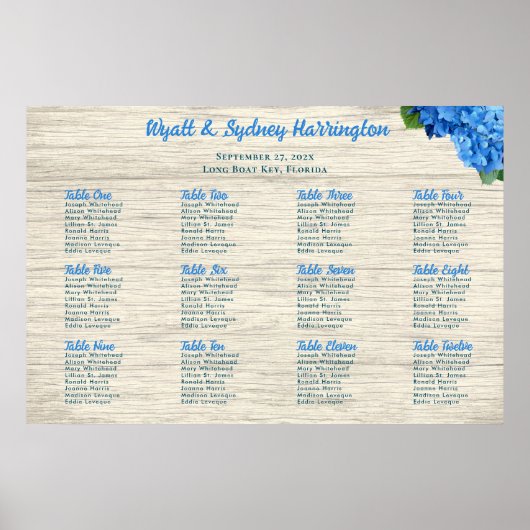 Blue Hydrangea Light Wood Table Seating Chart ポスター (正面)