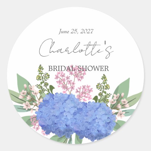 Blue Hydrangea Modern Floral Bridal Shower ラウンドシール (正面)