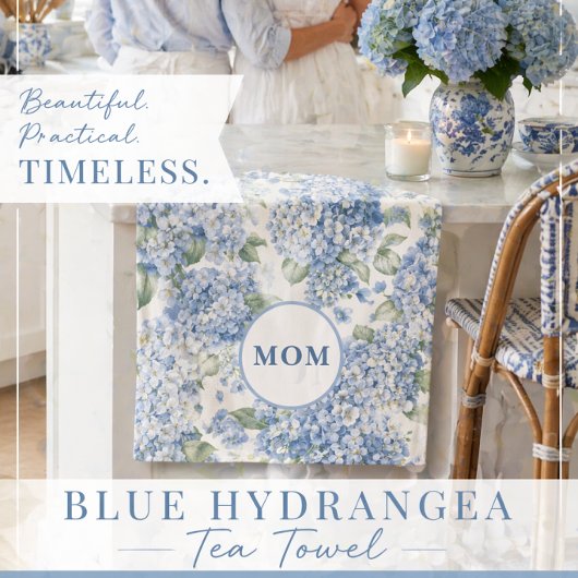 Blue Hydrangea MOM Tea Towel Coastal Gift キッチンタオル