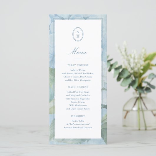 Blue Hydrangea Monogram Crest Wedding Flat Menu メニュー (スタンド正面)