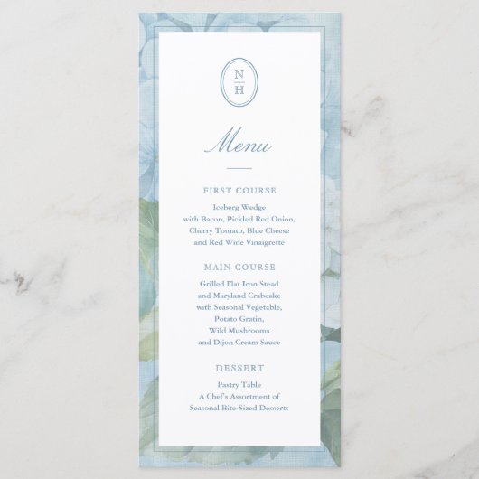 Blue Hydrangea Monogram Crest Wedding Flat Menu メニュー (正面)
