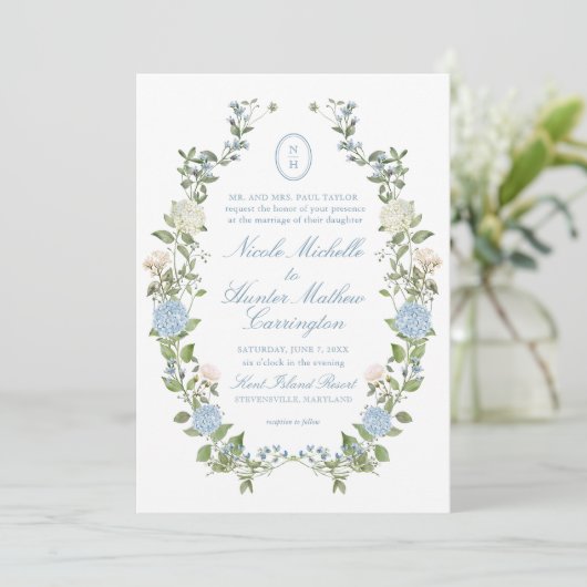 Blue Hydrangea Monogram Crest Wedding Invitation 招待状 (スタンド正面)