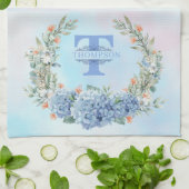 Blue Hydrangea Monogram Kitchen Towel キッチンタオル (折り畳み)