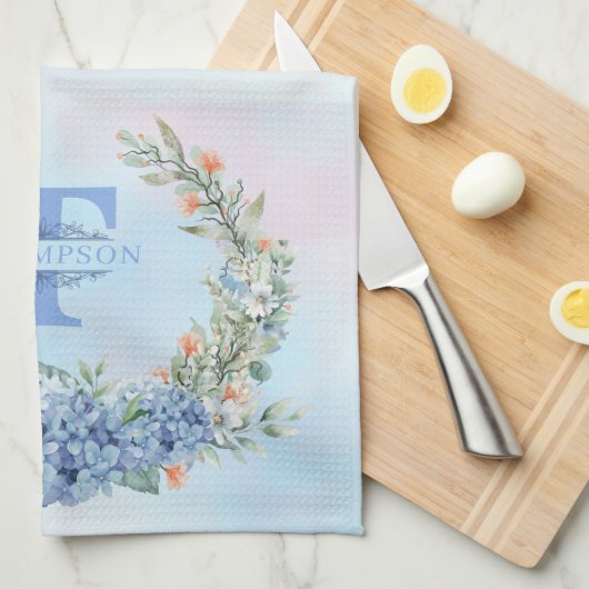Blue Hydrangea Monogram Kitchen Towel キッチンタオル (四つ折り)
