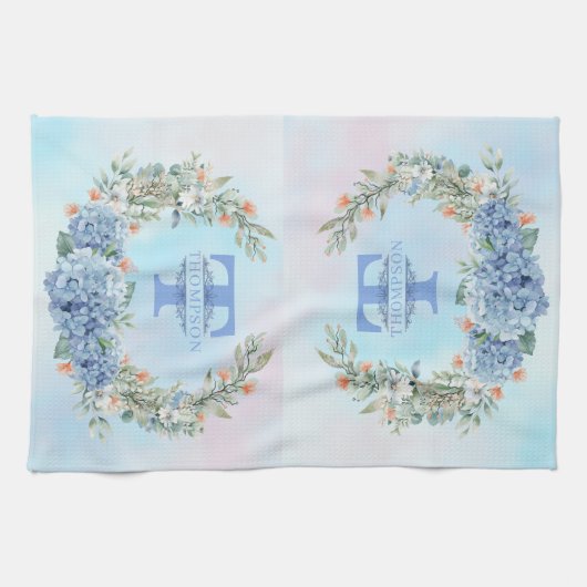 Blue Hydrangea Monogram Kitchen Towel キッチンタオル (横)
