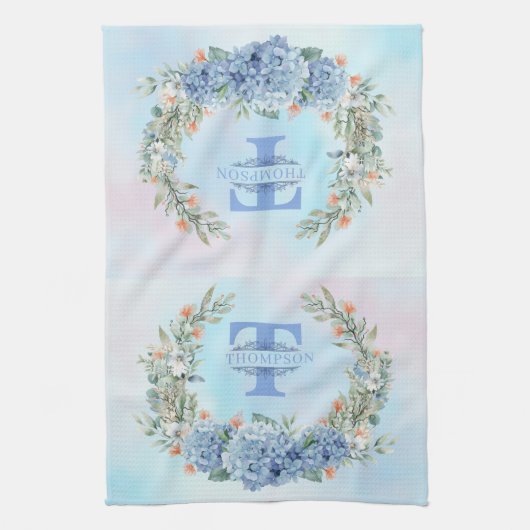 Blue Hydrangea Monogram Kitchen Towel キッチンタオル (縦)