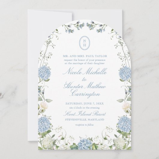 Blue Hydrangea Monogram Wedding Arch Invitation 招待状 (正面)