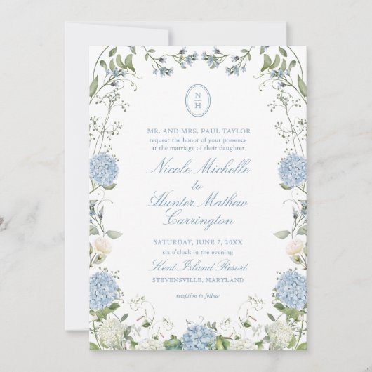 Blue Hydrangea Monogram Wedding Crest Invitation 招待状 (正面)