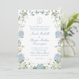 Blue Hydrangea Monogram Wedding Crest Invitation 招待状