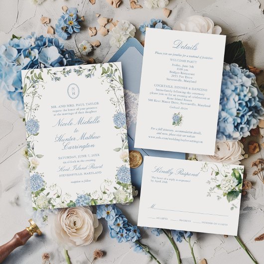 Blue Hydrangea Monogram Wedding Crest Invitation 招待状