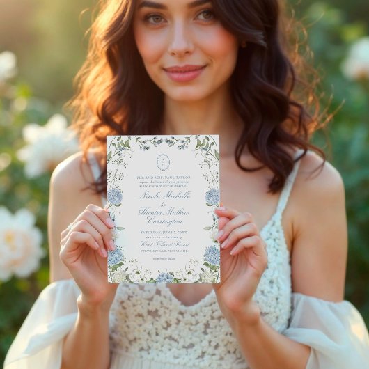 Blue Hydrangea Monogram Wedding Crest Invitation 招待状