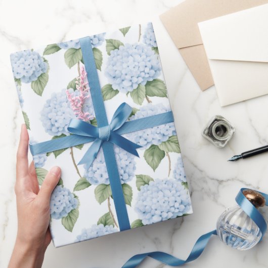 Blue Hydrangea Pattern Watercolor Floral Botanical ラッピングペーパー (ギフト)