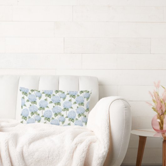 Blue Hydrangea Pattern Watercolor Floral Botanical ランバークッション (ソファ)