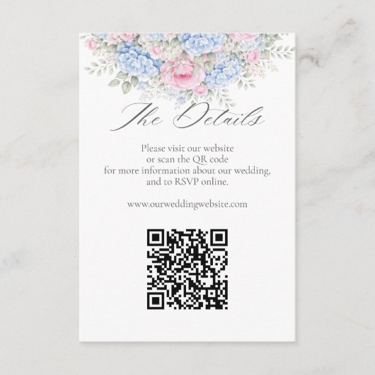 Blue Hydrangea Pink Floral Wedding Website QR Code エンクロージャーカード (正面)