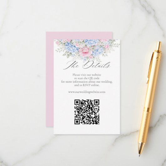 Blue Hydrangea Pink Floral Wedding Website QR Code エンクロージャーカード (正面/裏面インサイチュ)