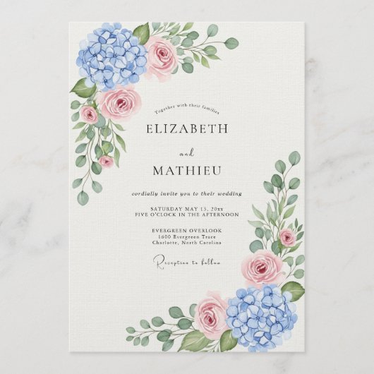 Blue Hydrangea Rose Botanical Wedding 招待状 (正面)