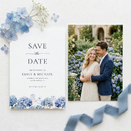 Blue Hydrangea Save The Date With Photo Flat Card セーブザデート