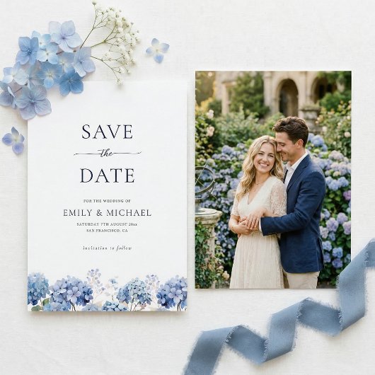 Blue Hydrangea Save The Date With Photo Flat Card セーブザデート