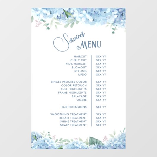 Blue Hydrangea Services Menu ウィンドウサイン (シート)