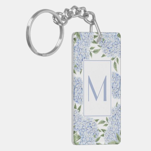 Blue Hydrangea Single Initial Monogram Custom キーホルダー (正面左)