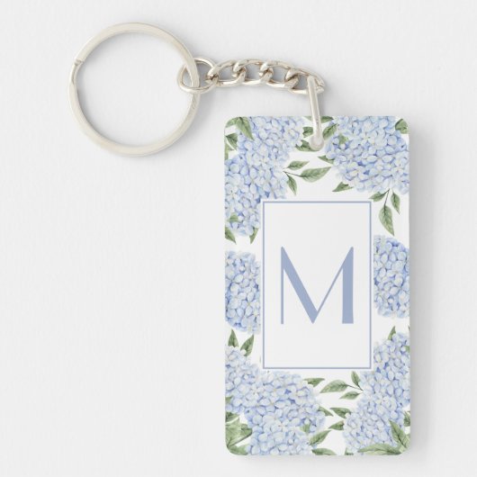 Blue Hydrangea Single Initial Monogram Custom キーホルダー (正面)
