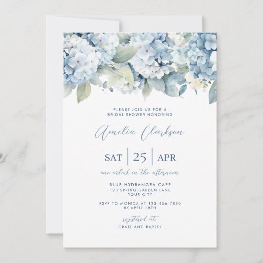 Blue Hydrangea Something Blue Bridal Shower Invite 招待状 (正面)