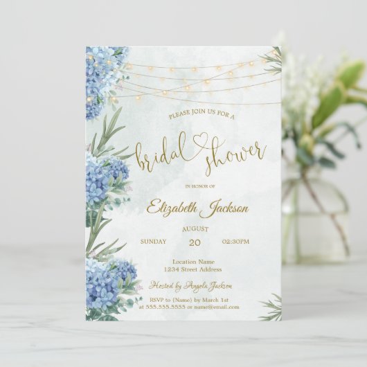  Blue Hydrangea String Lights Bridal Shower 招待状 (スタンド正面)
