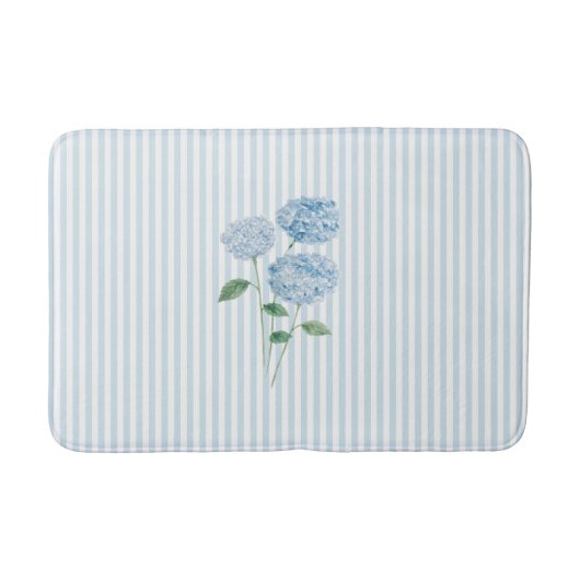 Blue Hydrangea Stripe Pattern Coastal バスマット (正面)