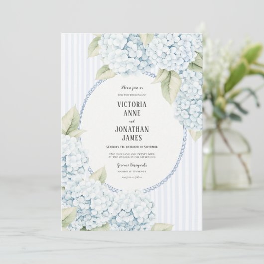 Blue Hydrangea Stripe Vintage Wedding Invitation 招待状 (スタンド正面)