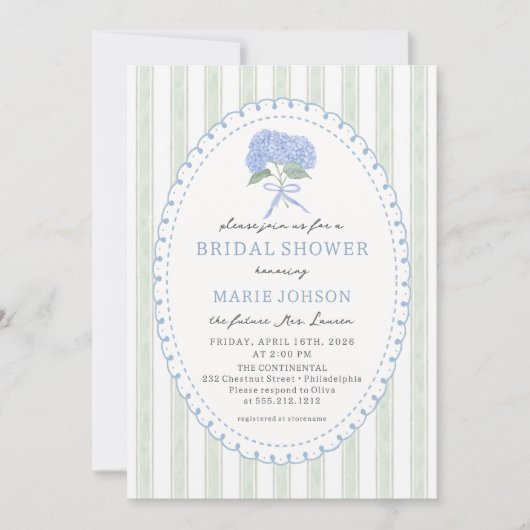 Blue Hydrangea Stripes Bridal Shower Invitation 招待状 (正面)
