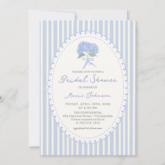 Blue Hydrangea Stripes Bridal Shower Invitation 招待状 (正面)