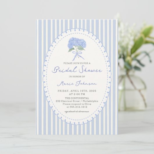 Blue Hydrangea Stripes Bridal Shower Invitation 招待状 (スタンド正面)