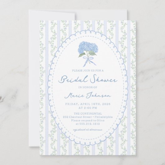 Blue Hydrangea Stripes Bridal Shower Invitation 招待状 (正面)