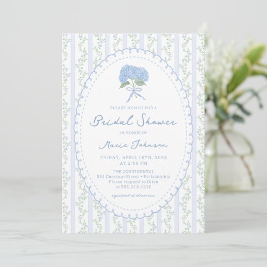 Blue Hydrangea Stripes Bridal Shower Invitation 招待状 (スタンド正面)