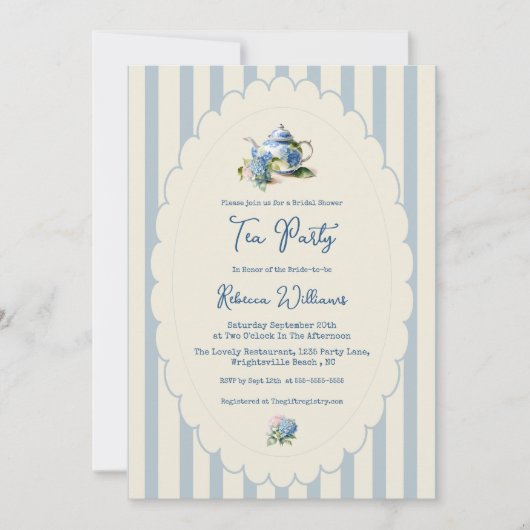 Blue Hydrangea Tea Party Bridal Shower 招待状 (正面)